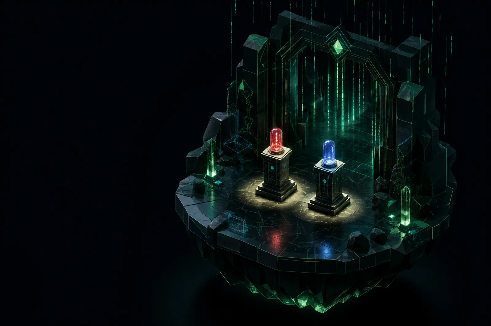 Two pedestals under emerald light-rain, one holding a glowing red capsule and one a glowing blue capsule