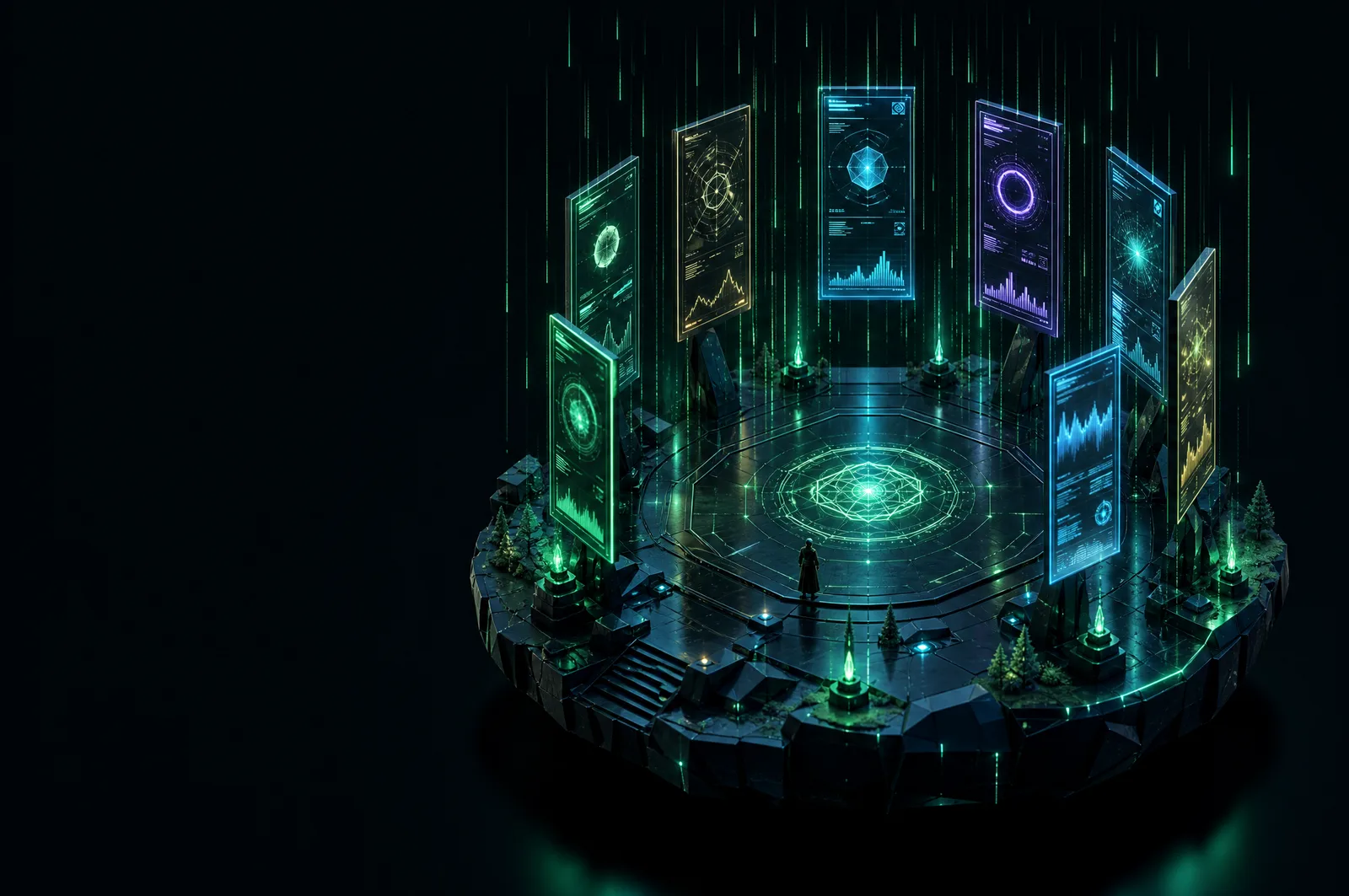 A dark lobby with a ring of eight glowing floating screens above a glyph-lit floor