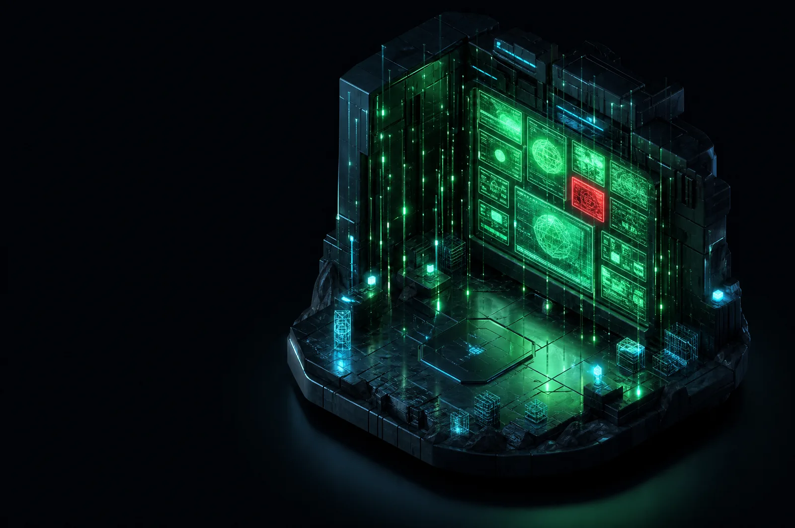 Inside a vault, a huge glowing screen with one red panel among green, surrounded by suspended streams of emerald light