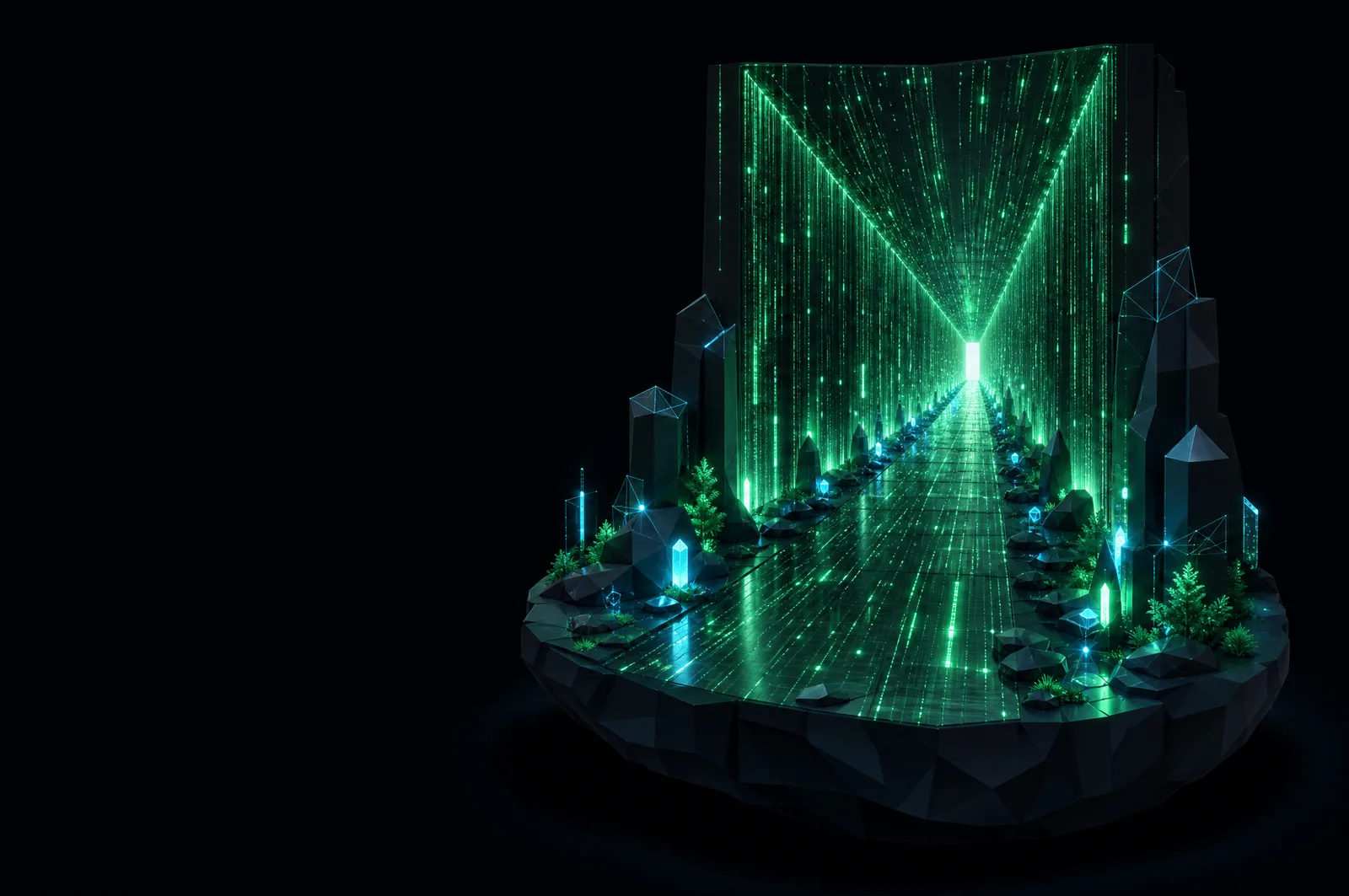 A corridor made of falling emerald light streams converging on one bright distant doorway