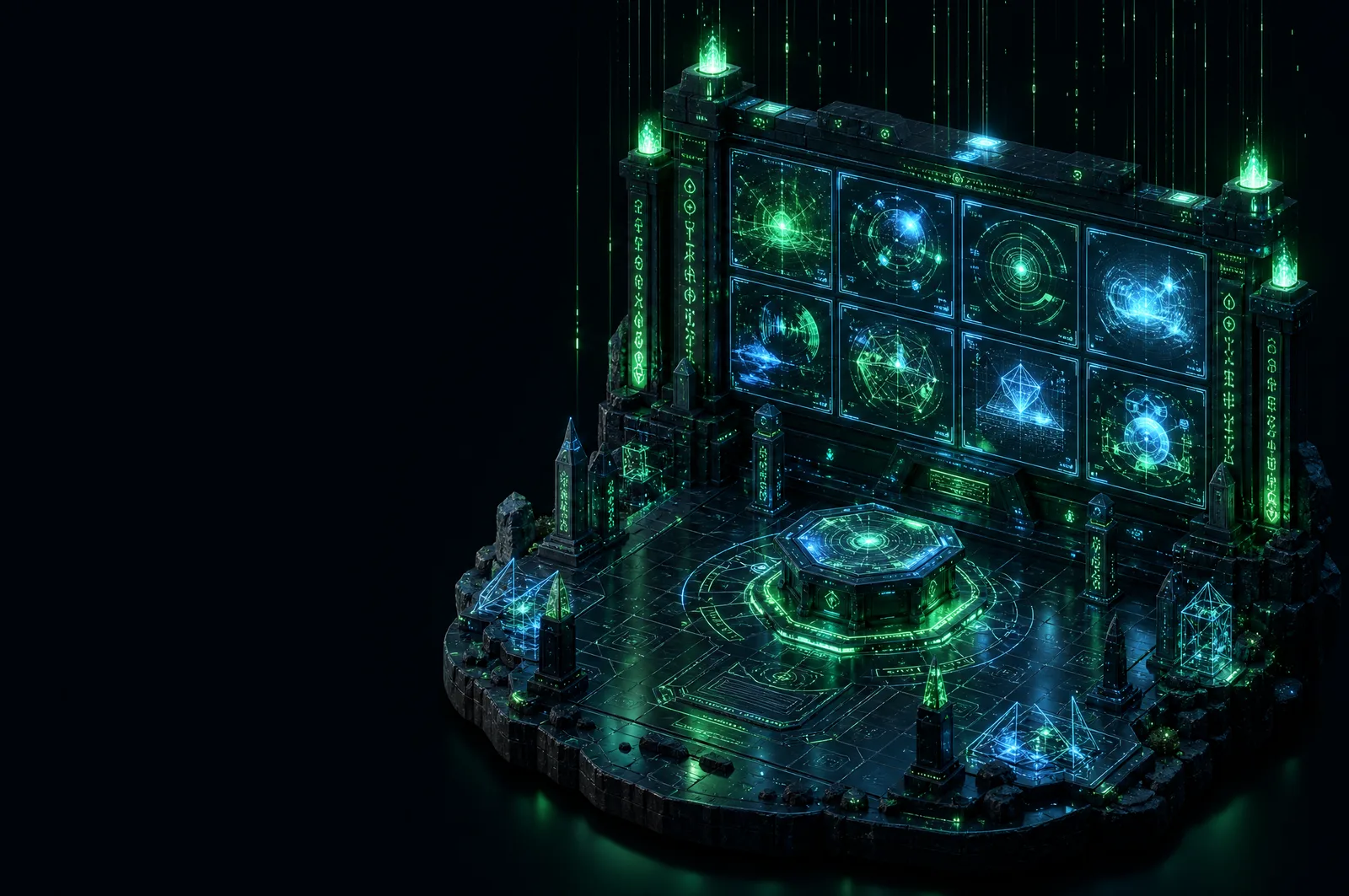 A control chamber with one enormous wall screen of eight glowing panels above a glyph-lit floor